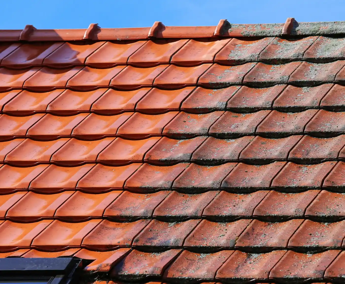 Clean and moss covered roof tiles before roof and gutter cleaning in Sussex